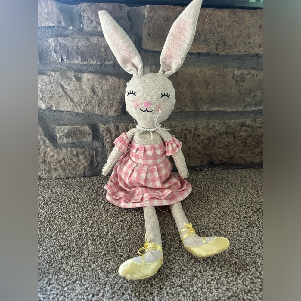 Bunny Rabbit-Shelf Sitter-Pink Plaid Dress-Pearl Necklace- 14.5" Sitting‎ Easter